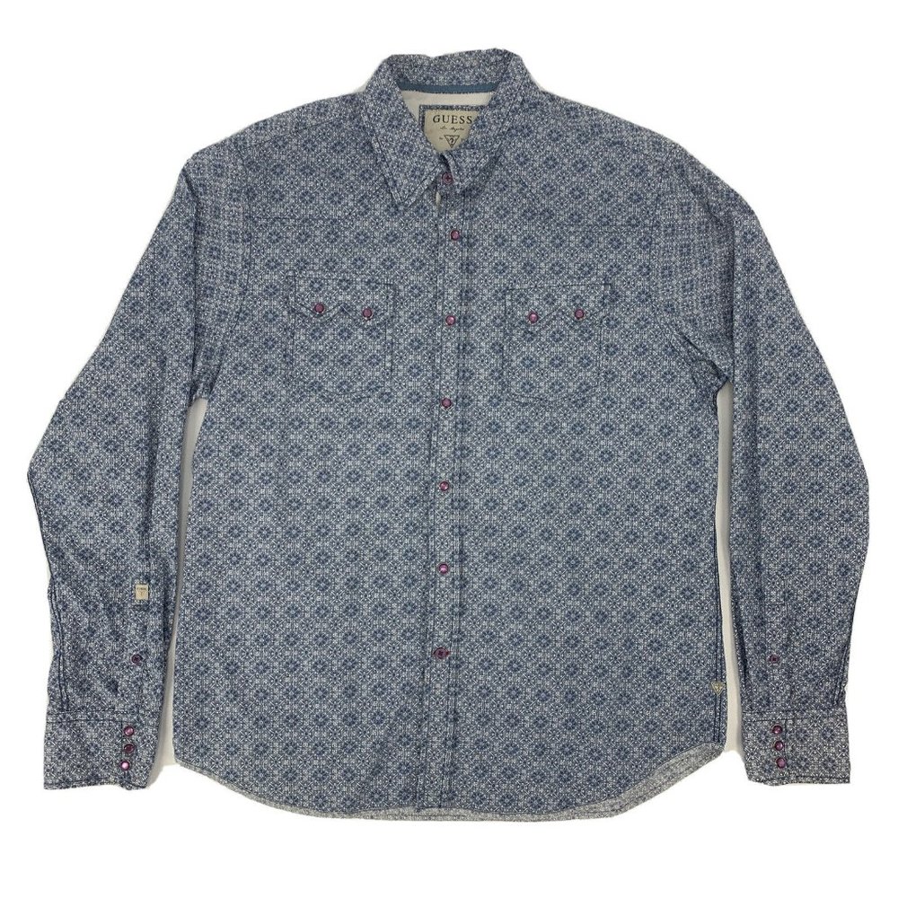 Men's Guess Long Sleeve‎ Pearl Snap Shirt Blue Geometric XL Western Cowboy